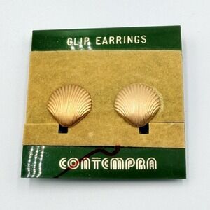 Vtg Contempra Shell Clip On Earrings Gold Tone NOS On Card Retro
